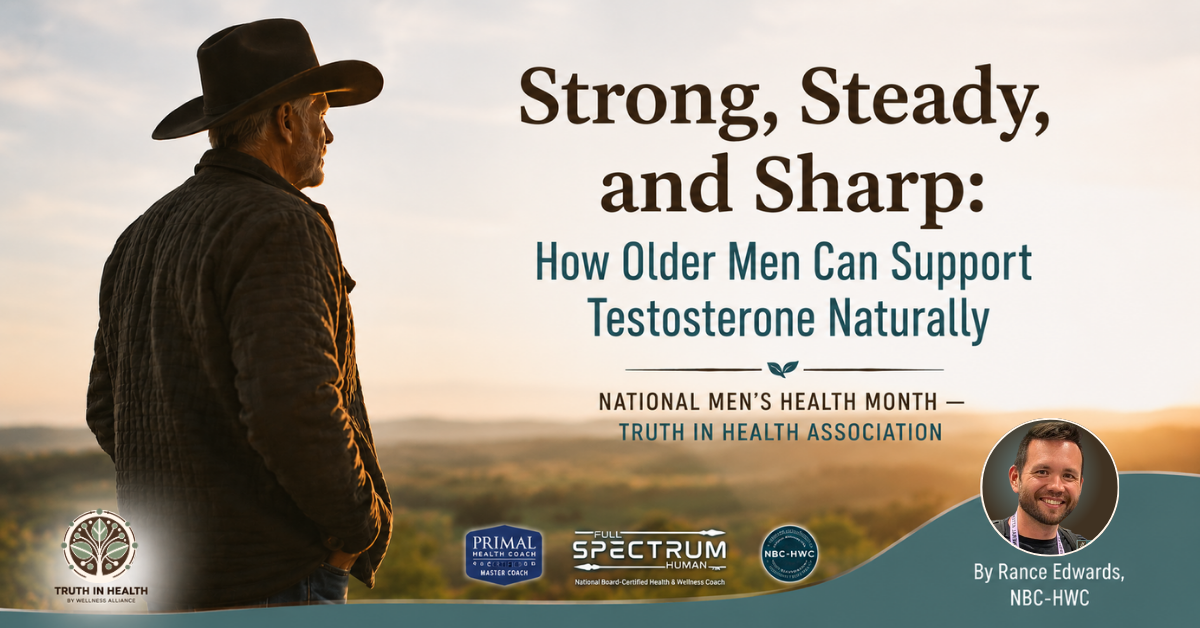 Older man standing confidently outdoors at sunrise representing healthy aging, strength, vitality, and natural testosterone support.