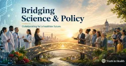 Professionals crossing a symbolic bridge between science research and community wellness representing Truth in Health participation in Patients1st Coalition.