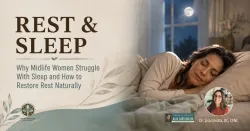 Woman sleeping peacefully in a softly lit bedroom illustrating natural sleep support and restorative rest for women in midlife.