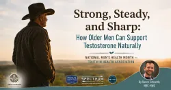 Older man standing confidently outdoors at sunrise representing healthy aging, strength, vitality, and natural testosterone support.