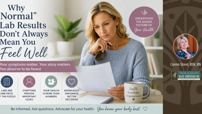 Woman reviewing lab results while learning that normal laboratory values do not always explain symptoms such as fatigue, brain fog, and poor sleep.